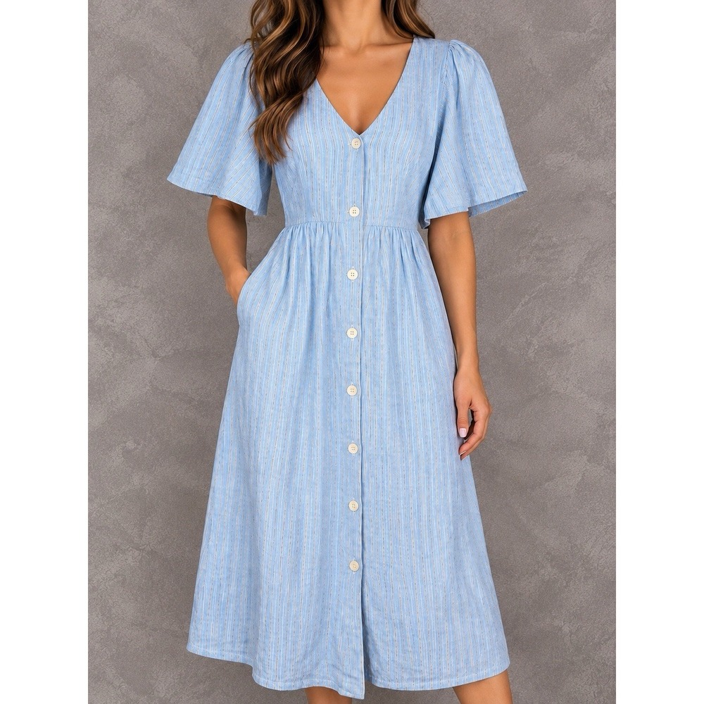 Madewell Cassie Linen Dress Womens Small Blue Stripe Button Down Cottagecore